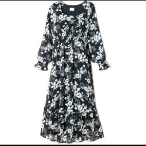 Long Sleeve Black and White Floral Chiffon Maternity Dress—4 sizes